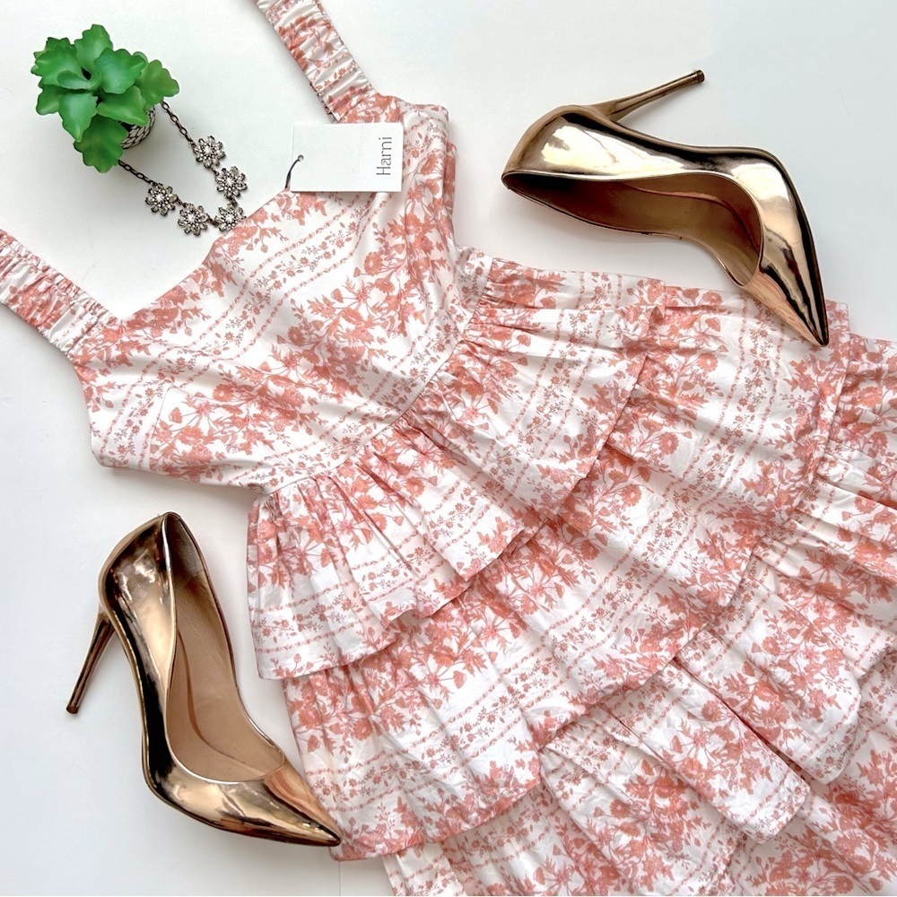 Harni Sleeveless Tiered Mini Dress Pink Floral Ruffle Square Neck Size 8 / 4 NWT
